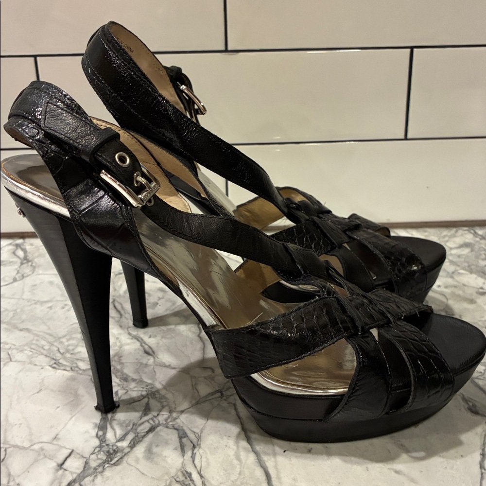 MICHAEL Michael Kors Black Croc-Embossed Platform Slingback Heels - Picture 5 of 16